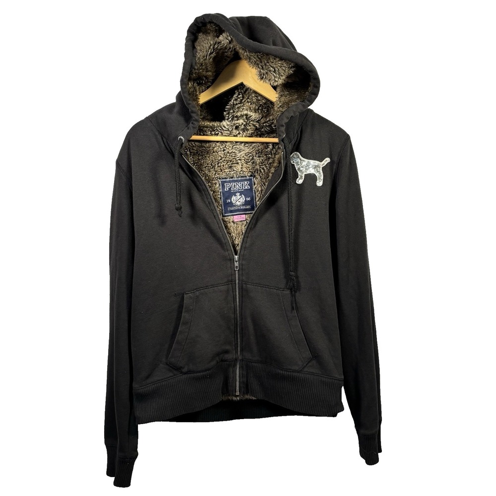 Victorias Secret PINK Y2K Hoodie Large Faux Fur Lined Bling Sequin Full Zip Read - Picture 2 of 11